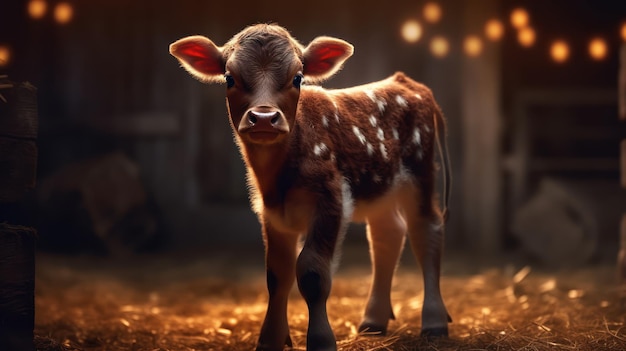 A baby deer stands in a barn with a lit up background.