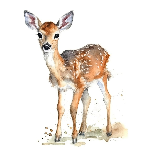 白い背景の高詳細な生成 AI にインクの輪郭を持つ赤ちゃん鹿の水彩画