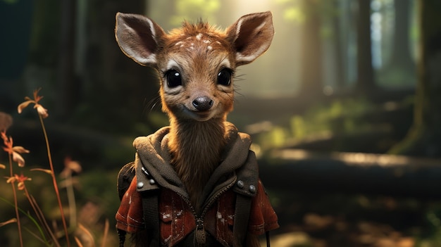 a baby deer wearing a jacket