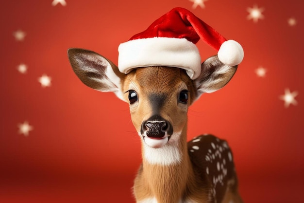 A baby deer wearing a santa claus hat