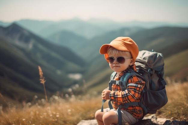 Baby die een rugzak draagt in de bergen, wat het idee van avontuurlijke verkenning of buitenactiviteiten met een jong kind kan symboliseren Generatieve AI