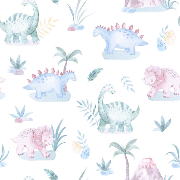 Baby Dinosaurs watercolor seamless pattern illustration with cute animals for nursery baby shower