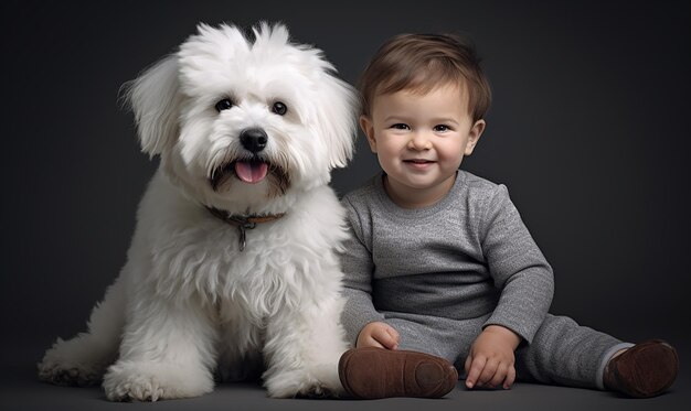 赤ちゃんと犬が写真を撮るポーズをとっている