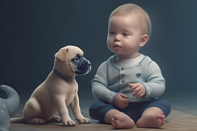 赤ちゃんと犬が隣り合って座っています。