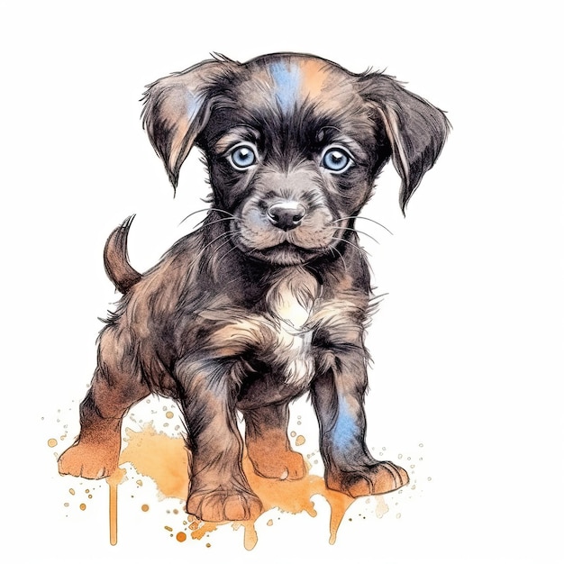 Baby Dog watercolor with ink outline on white background high detailed generative AI