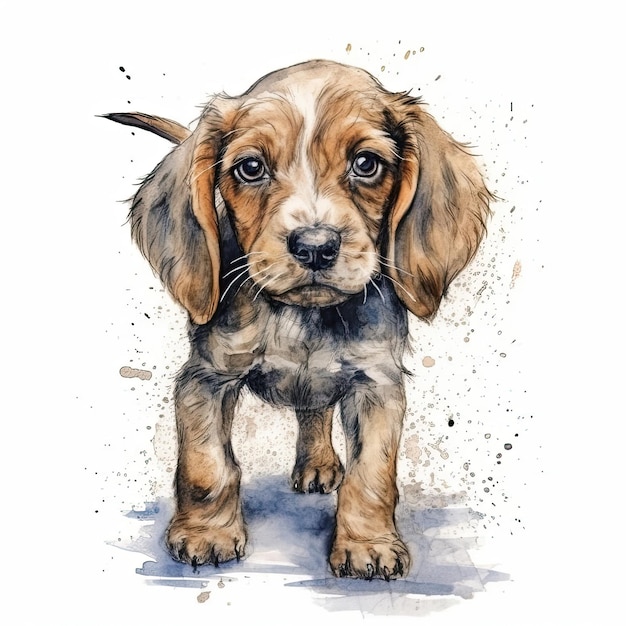 Baby Dog watercolor with ink outline on white background high detailed generative AI