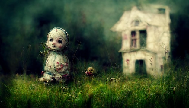 Baby doll illustration with haunted house.3D illustration.Use digital paint blurring techniques.