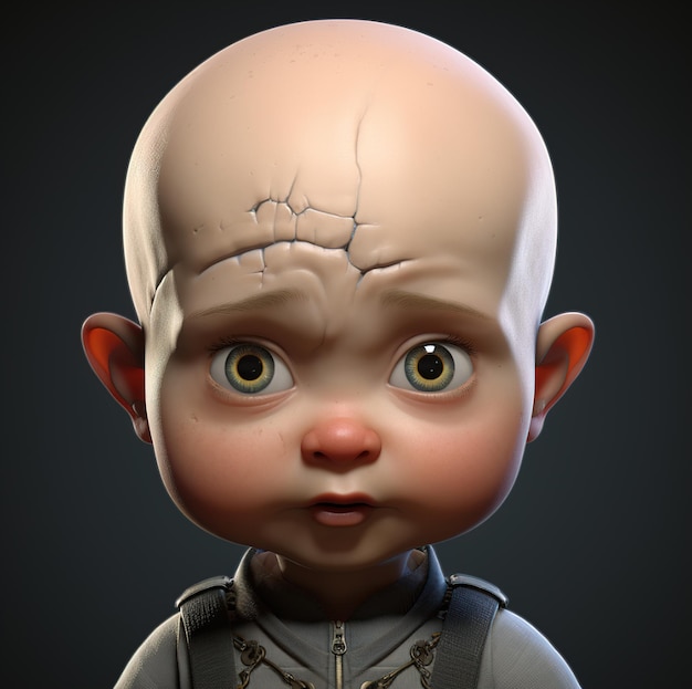 a baby doll with a broken face and a broken eye.