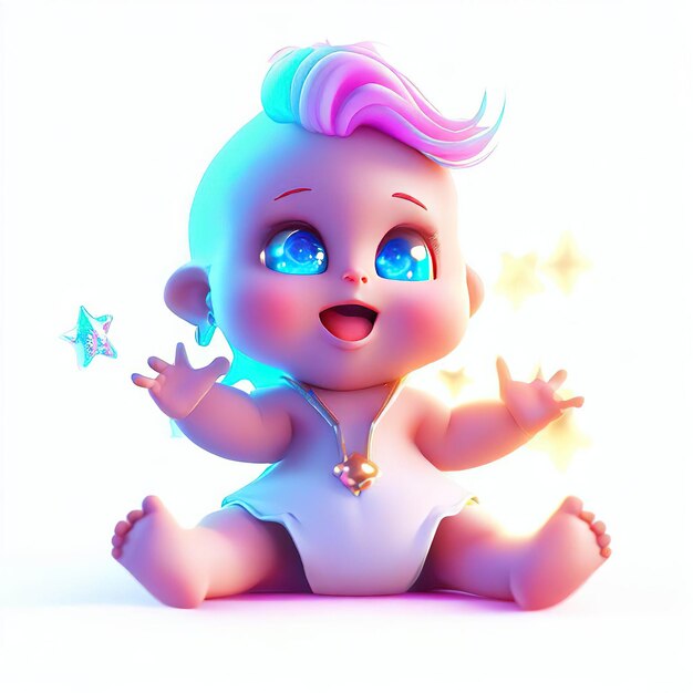 A baby doll with pink hair and blue eyes is holding a star.