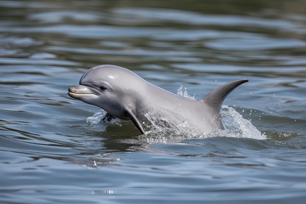 Baby dolphin leaping out of water with its tail in the air created with generative ai