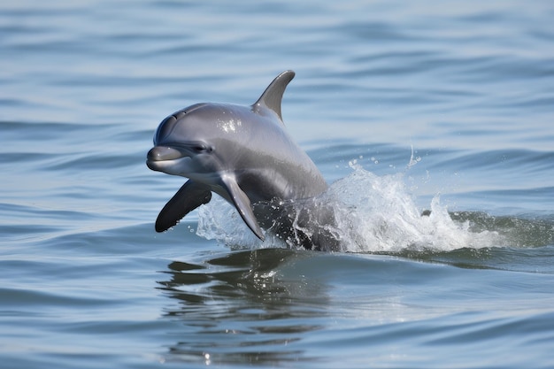 Baby dolphin leaping out of the water with its tail flapping in the air created with generative ai