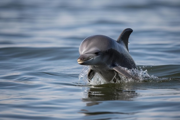 Baby dolphin leaping out of the water with its tail flapping in the air created with generative ai