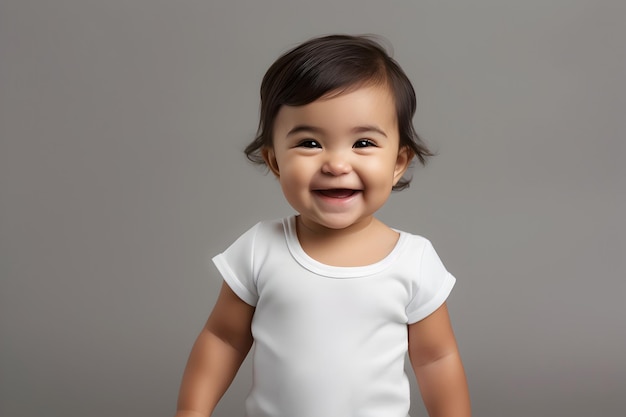 Baby draagt witte shirt bodysuit mockup op grijze achtergrond Ontwerp onesie sjabloon print presentatie mockup AI gegenereerd