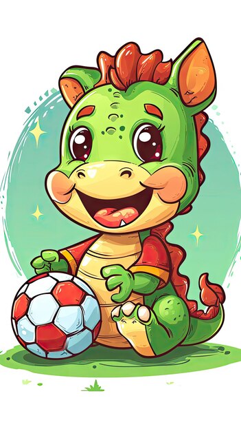 Baby dragon playing football cartoon style