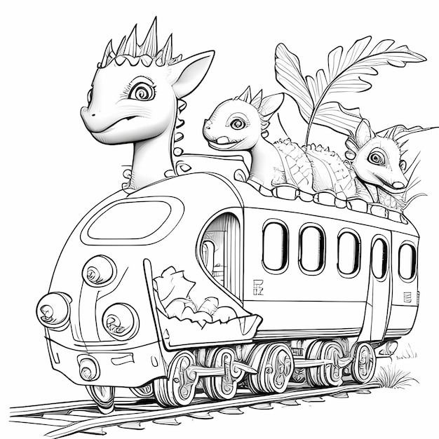 Foto baby dragon train adventure kleurpagina voor kinderen