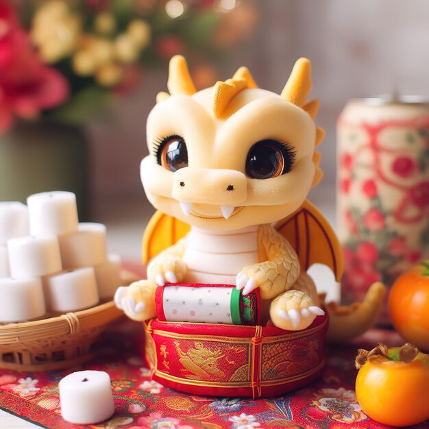 The baby dragon wishes Asian New Year and welcomes the New Year by Ai generated