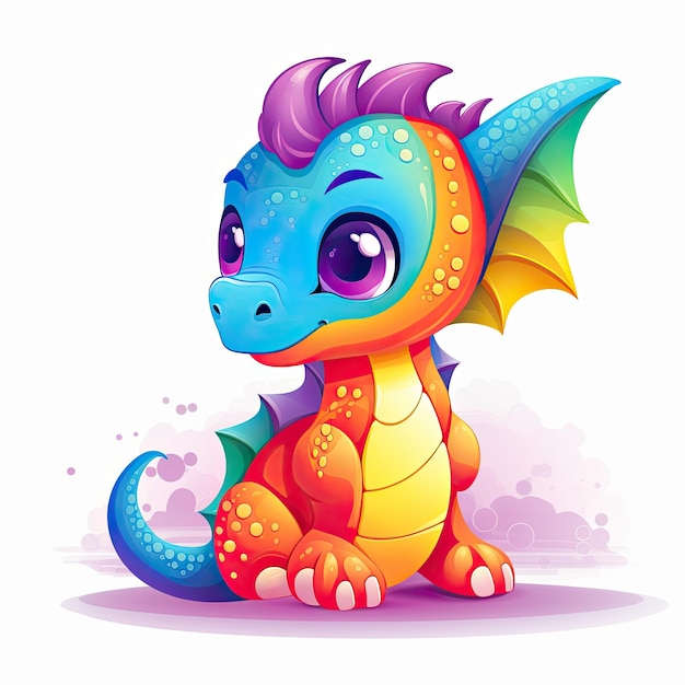 Photo baby dragon with beautiful eyes and color splash colorful baby dragon art collection playful baby dragons collection cute dragon set smiling and sitting on a white background generative ai