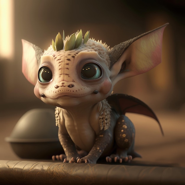 A baby dragon with a green mohawk sits on a table.