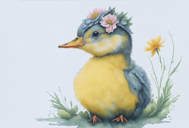 baby duck wearing flower hat in soft background