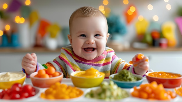 Baby eating food with colorful dishes in front of her