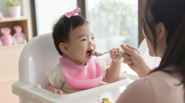 赤ちゃんがピンクの弓でスプーンを食べている