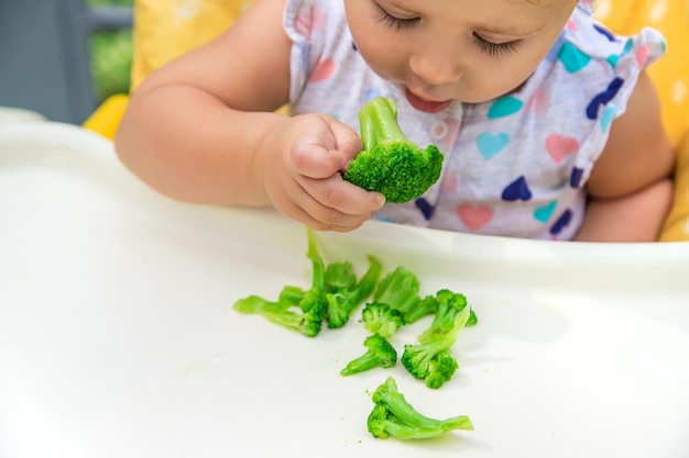 Baby eats pieces of broccoli vegetables. Selective focus. Child.