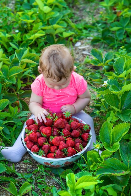 Baby eet aardbeien in de tuin