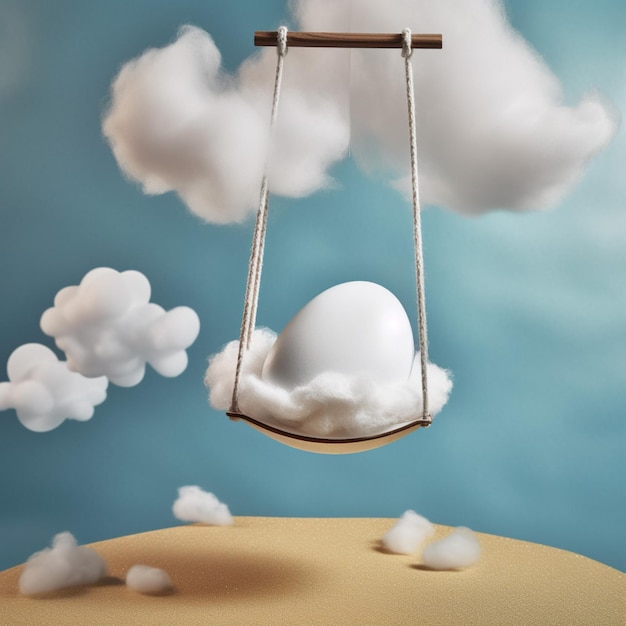 A baby egg is suspended from a cloud in a desert.