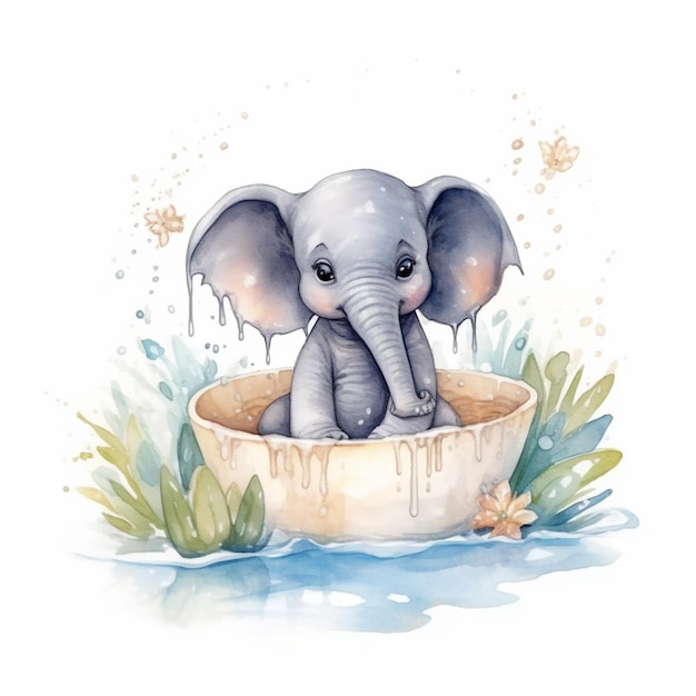 Baby elephant in a bath watercolor painting. baby elephant in a bath watercolor painting stock illustration