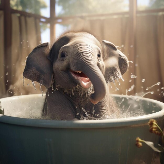 a baby elephant in a bath with water splashing around it.