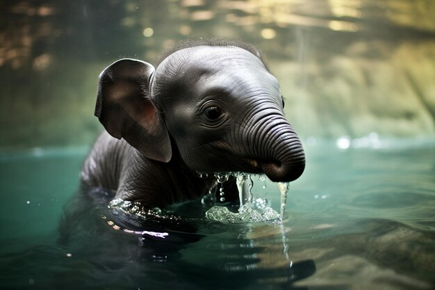 Photo baby elephant being taught to swim