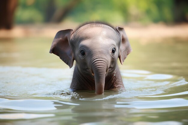 Photo baby elephant being taught to swim