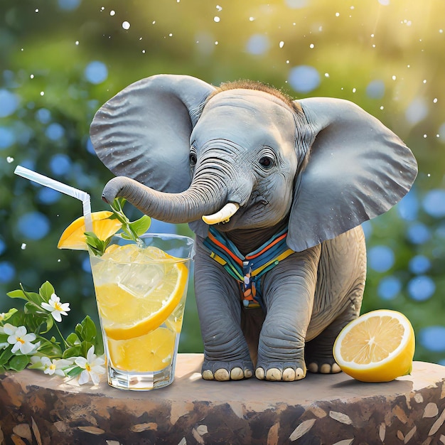 Baby elephant drinking lemonade