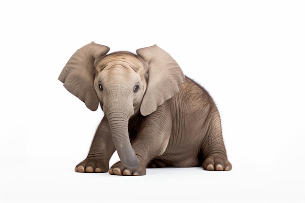 Photo a baby elephant sitting on the ground with its trunk up