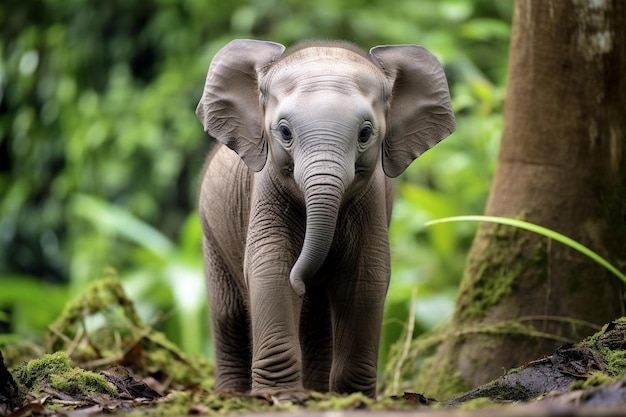 a baby elephant stands in the forest with its eyes open.