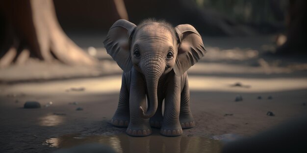 A baby elephant stands in a puddle with the word elephant on it.