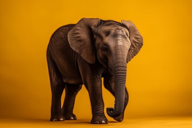 A baby elephant stands on a yellow background