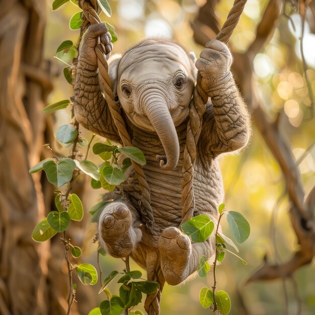 Foto bebita di elefante che si oscilla sulle viti nella giungla creata con la tecnologia generative ai