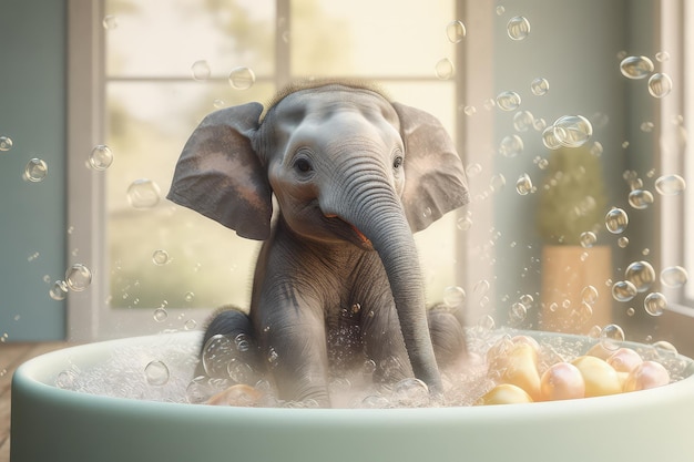 A baby elephant takes a bath in a sink