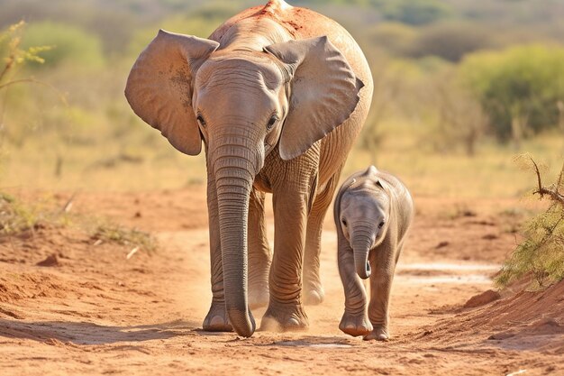 Foto il cucciolo di elefante fa i suoi primi passi accanto alla madre