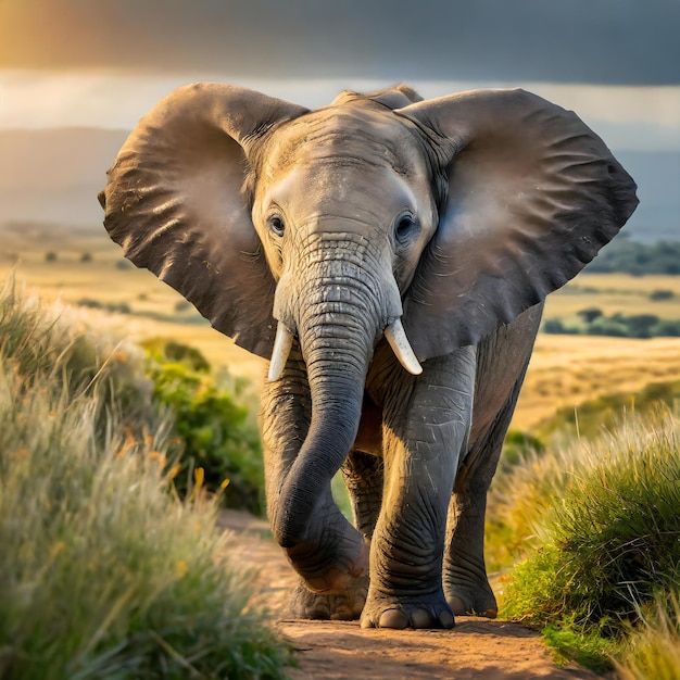 a baby elephant that is walking in the grass