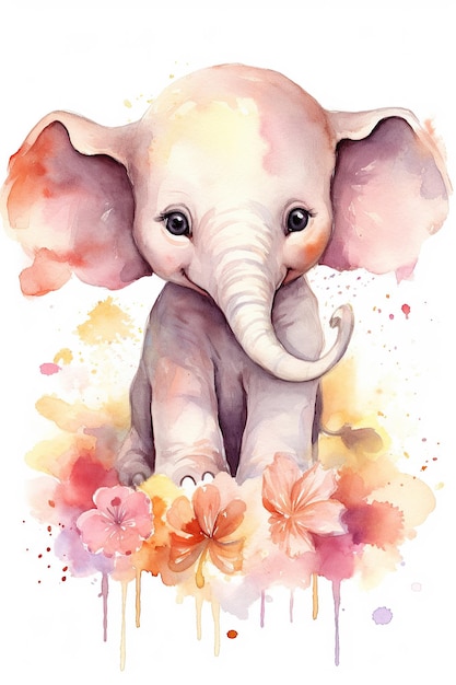 Baby elephant watercolor clipart cute isolated on white background with Generative AI Technology