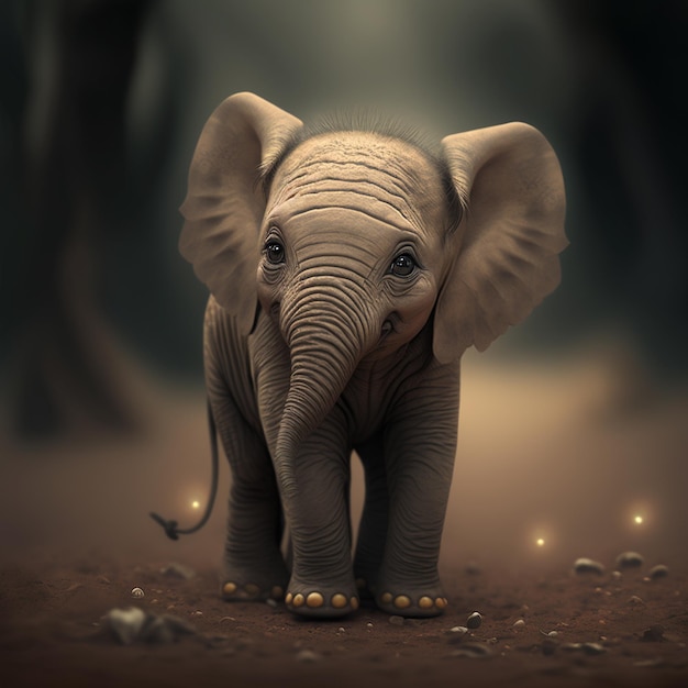 A baby elephant with a black background and a blurry background.