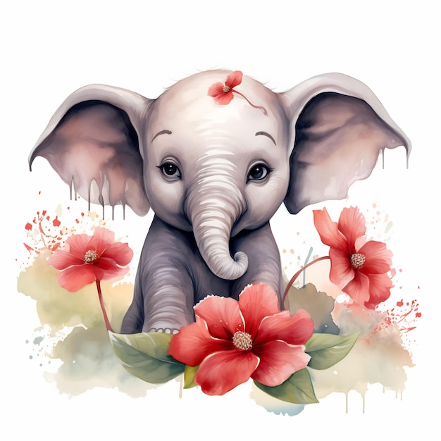 꽃을 안고 있는 아기 코끼리와 그 위에 코끼리가 타고 있다