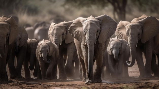 Foto elefantino con mandria ai generata
