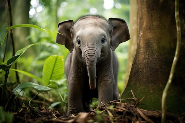 a baby elephant with a long trunk