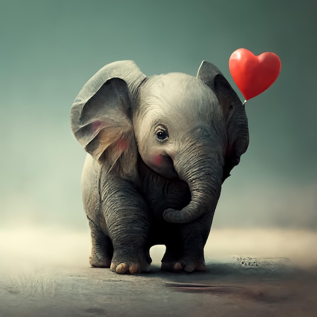 A baby elephant with a red heart on his head