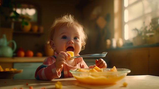 Photo baby enjoy eating generative ai