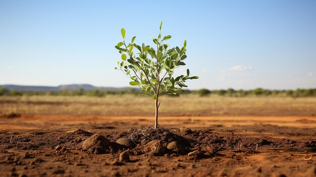 a baby eucalyptus tree in an open field the clear sky above hinting at a future of cleaner air