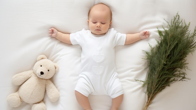 a baby featuring a white shirt bodysuit worn by a soft white bed background AI generated